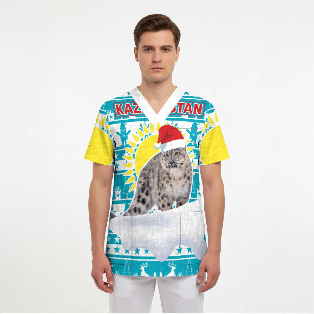 Kazakhstan Christmas Scrub Top with Snow Leopard in Santa Hat Blue and Yellow Reindeer Snowflake - Wonder Print Shop