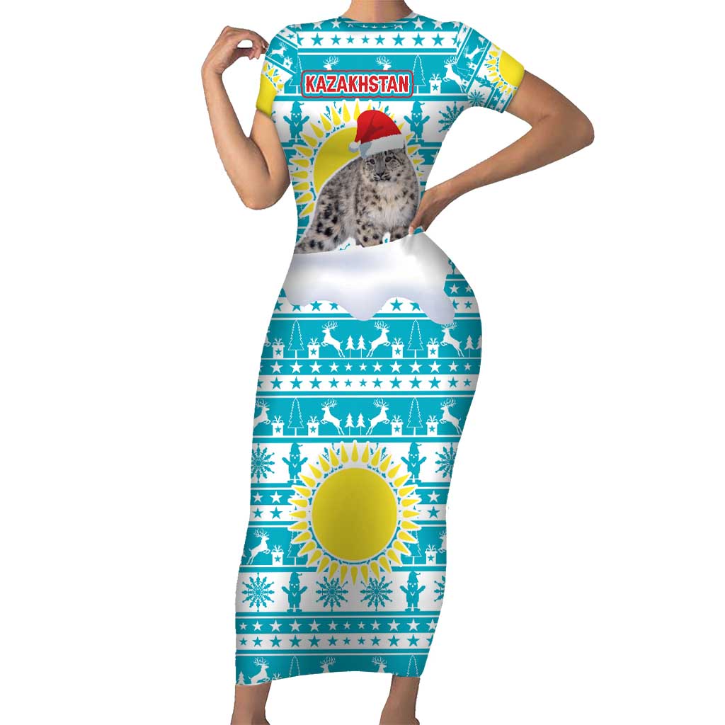 Kazakhstan Christmas Short Sleeve Bodycon Dress with Snow Leopard in Santa Hat Blue and Yellow Reindeer Snowflake - Wonder Print Shop