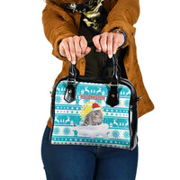 Kazakhstan Christmas Shoulder Handbag with Snow Leopard in Santa Hat Blue and Yellow Reindeer Snowflake - Wonder Print Shop