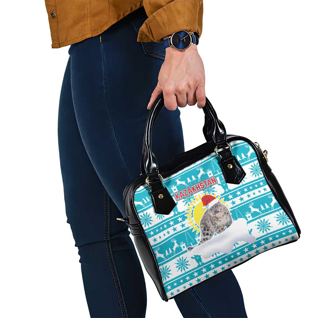 Kazakhstan Christmas Shoulder Handbag with Snow Leopard in Santa Hat Blue and Yellow Reindeer Snowflake - Wonder Print Shop