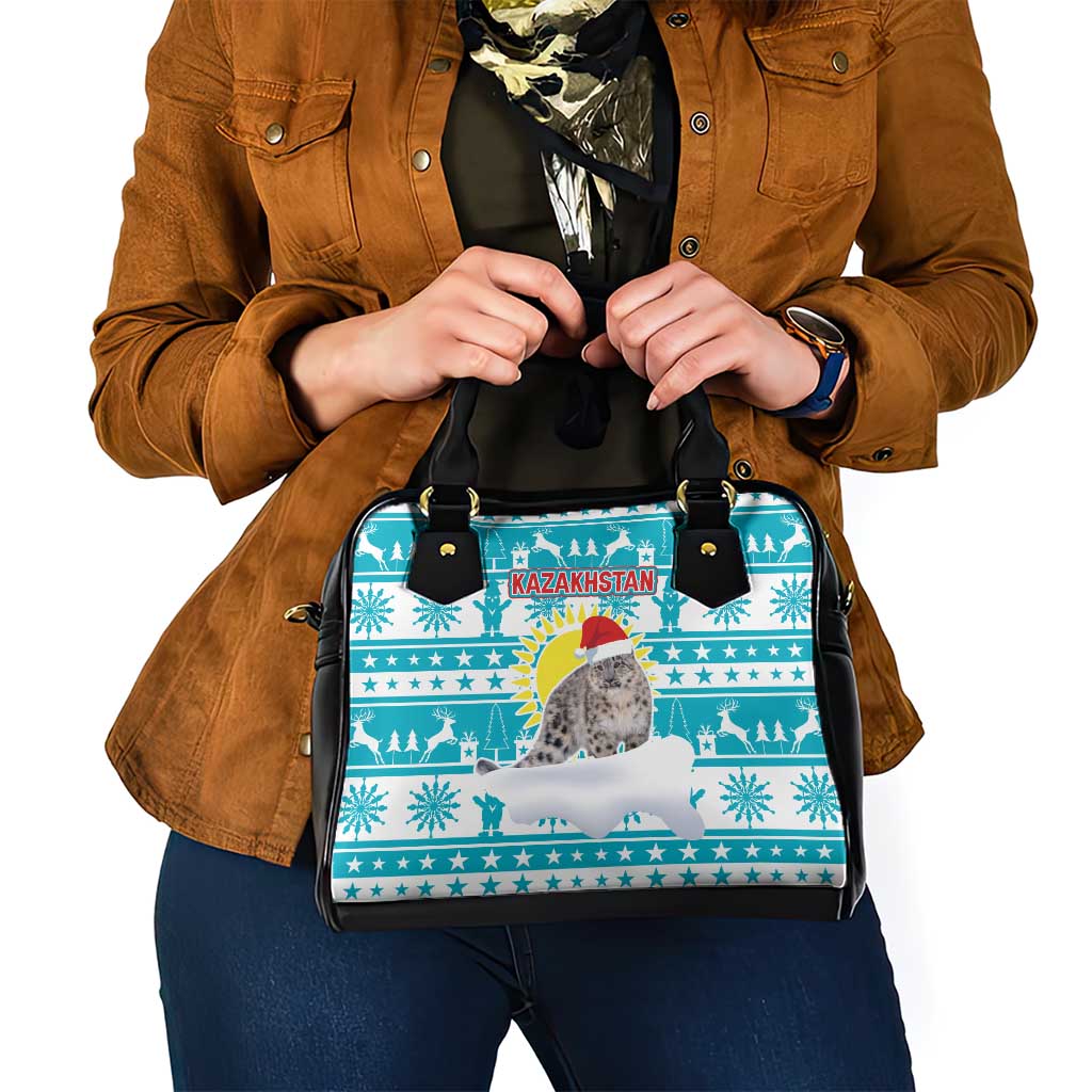 Kazakhstan Christmas Shoulder Handbag with Snow Leopard in Santa Hat Blue and Yellow Reindeer Snowflake - Wonder Print Shop