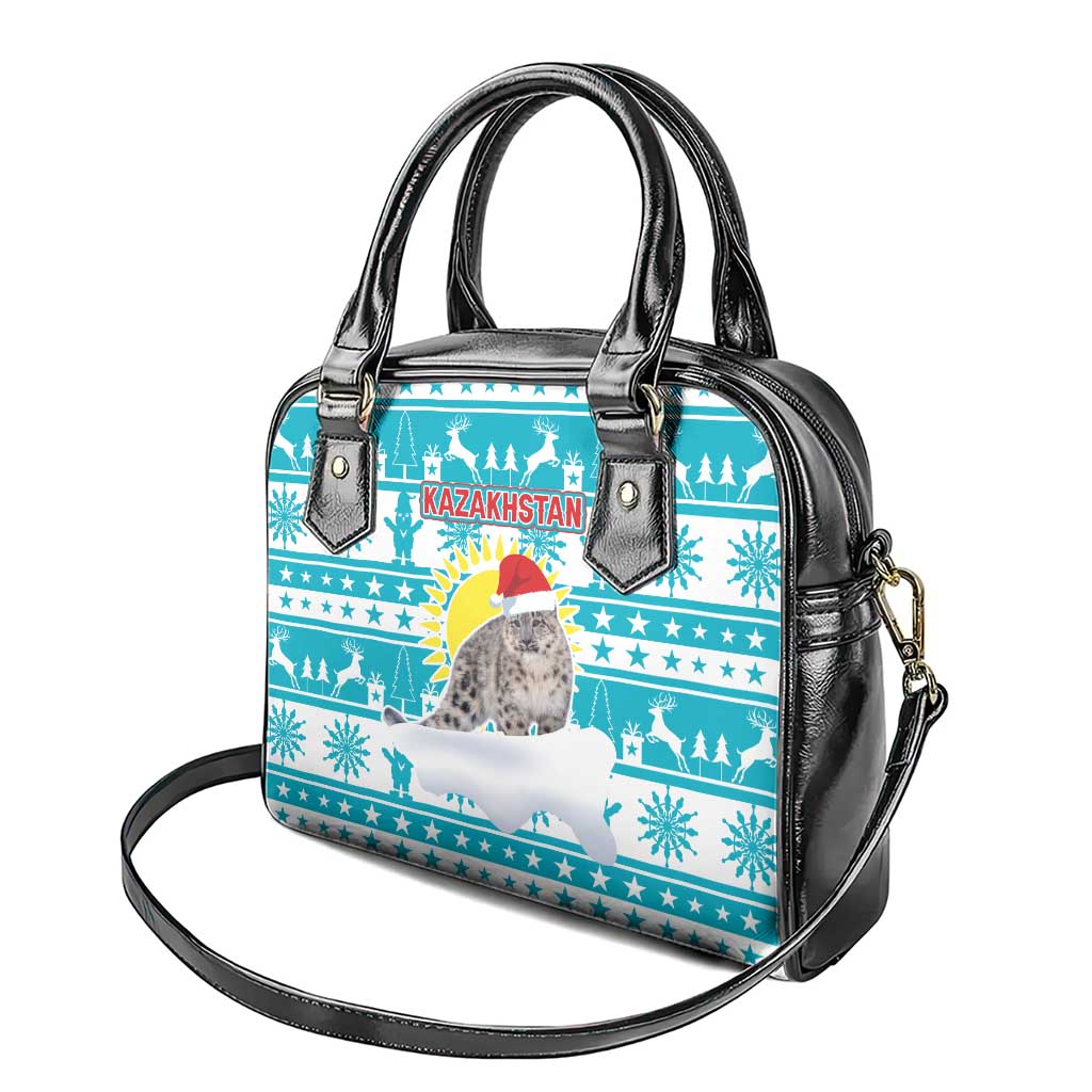 Kazakhstan Christmas Shoulder Handbag with Snow Leopard in Santa Hat Blue and Yellow Reindeer Snowflake - Wonder Print Shop