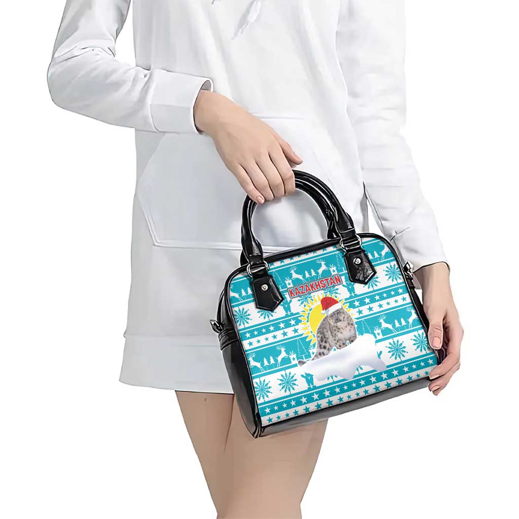 Kazakhstan Christmas Shoulder Handbag with Snow Leopard in Santa Hat Blue and Yellow Reindeer Snowflake - Wonder Print Shop