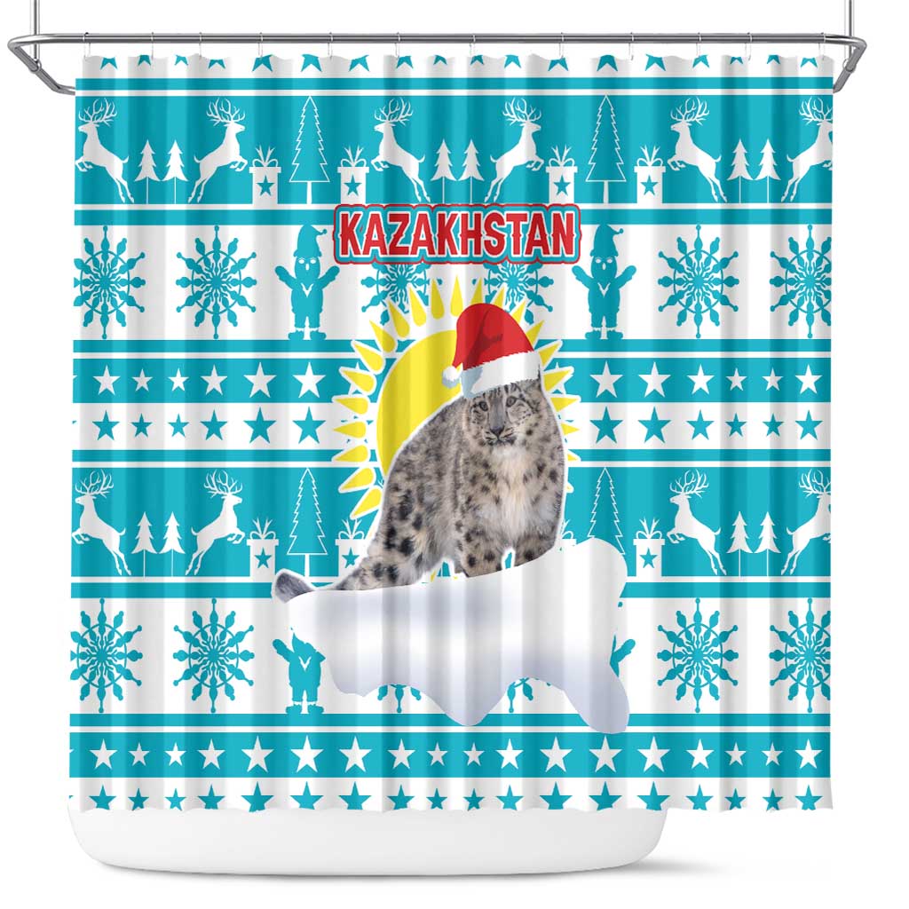 Kazakhstan Christmas Shower Curtain with Snow Leopard in Santa Hat Blue and Yellow Reindeer Snowflake - Wonder Print Shop