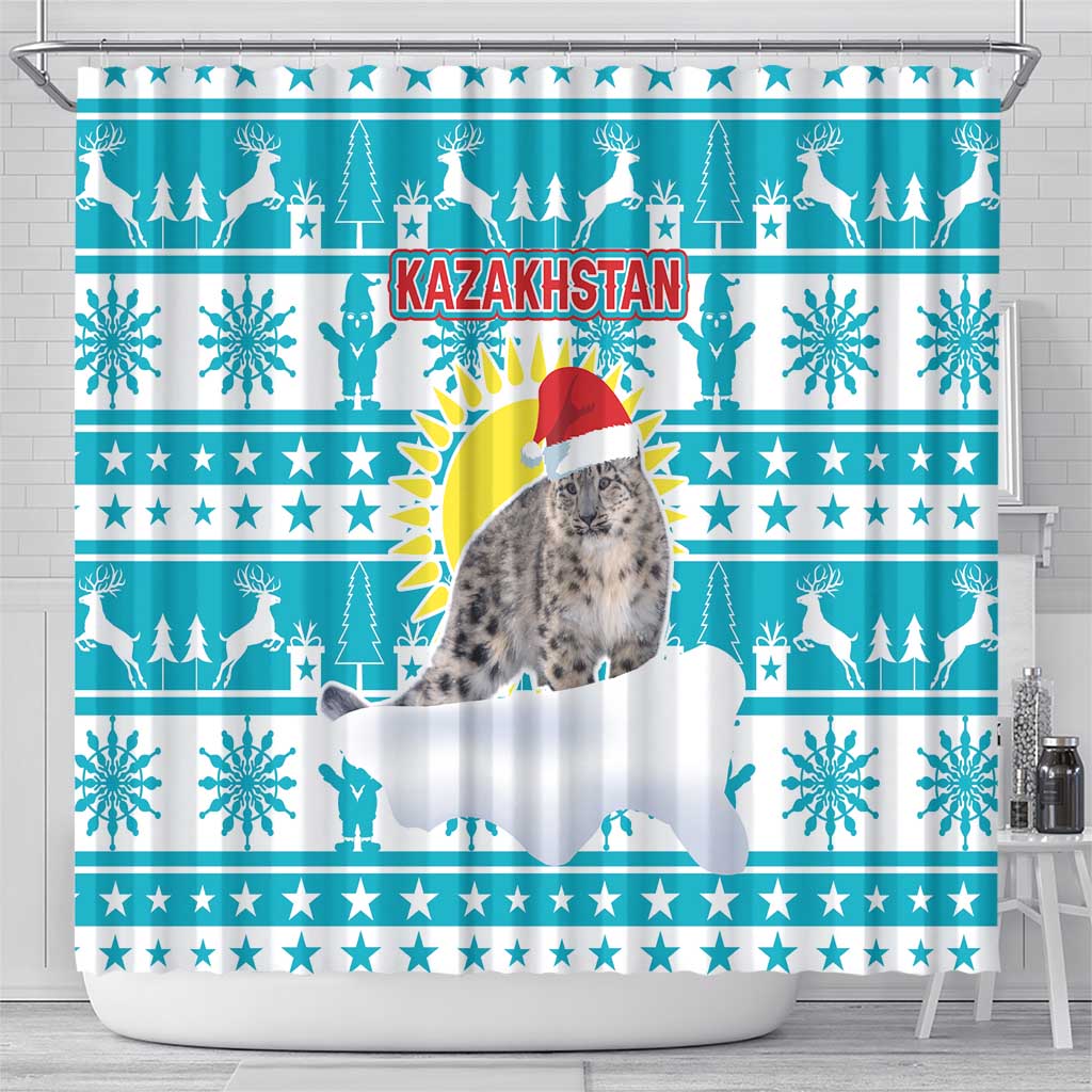 Kazakhstan Christmas Shower Curtain with Snow Leopard in Santa Hat Blue and Yellow Reindeer Snowflake - Wonder Print Shop
