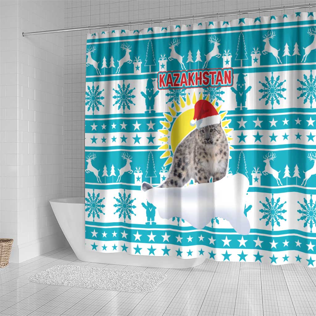 Kazakhstan Christmas Shower Curtain with Snow Leopard in Santa Hat Blue and Yellow Reindeer Snowflake - Wonder Print Shop