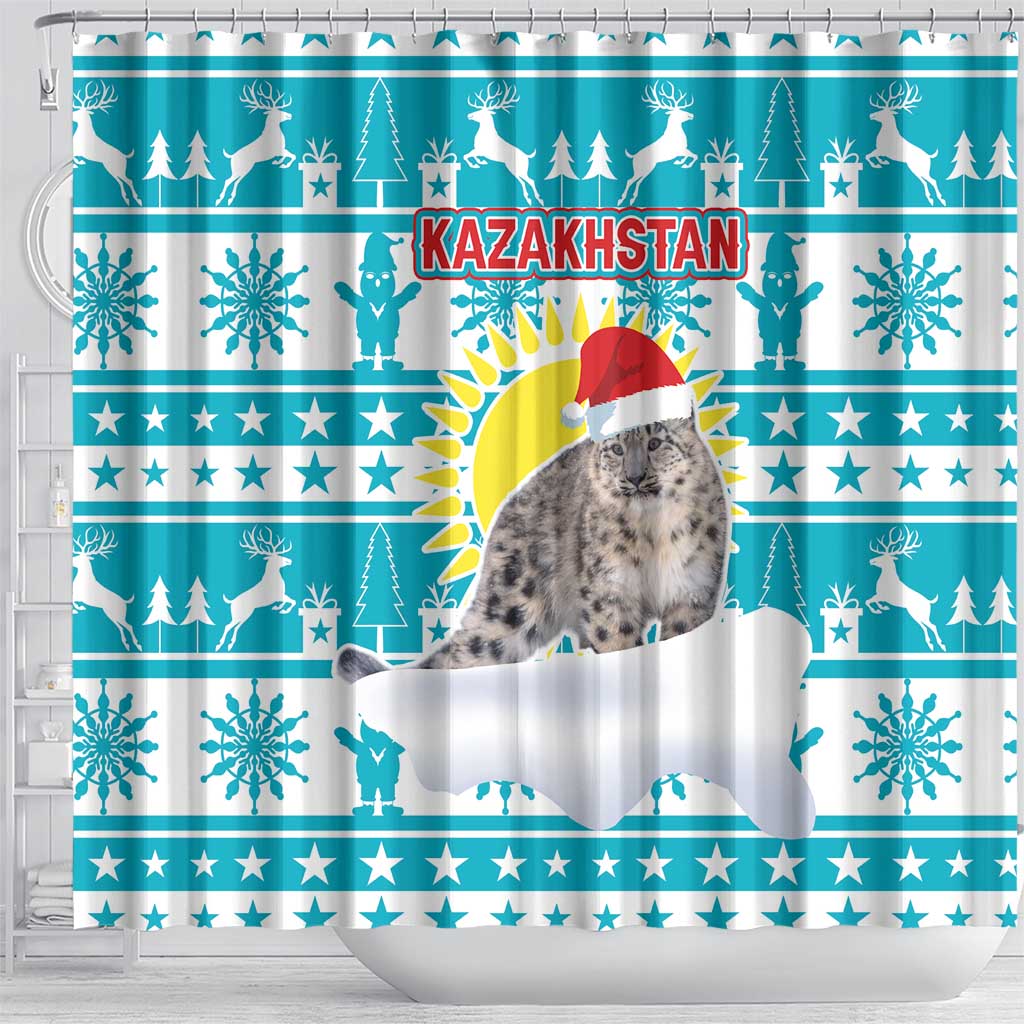 Kazakhstan Christmas Shower Curtain with Snow Leopard in Santa Hat Blue and Yellow Reindeer Snowflake - Wonder Print Shop