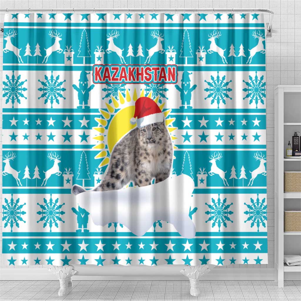 Kazakhstan Christmas Shower Curtain with Snow Leopard in Santa Hat Blue and Yellow Reindeer Snowflake - Wonder Print Shop