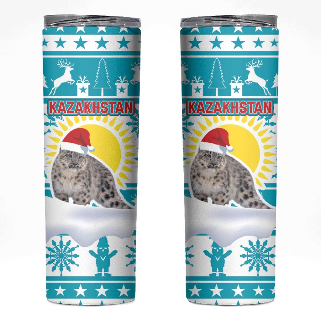 Kazakhstan Christmas Skinny Tumbler with Snow Leopard in Santa Hat Blue and Yellow Reindeer Snowflake - Wonder Print Shop
