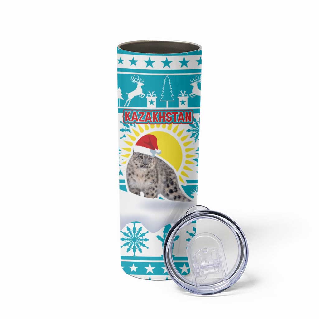 Kazakhstan Christmas Skinny Tumbler with Snow Leopard in Santa Hat Blue and Yellow Reindeer Snowflake - Wonder Print Shop