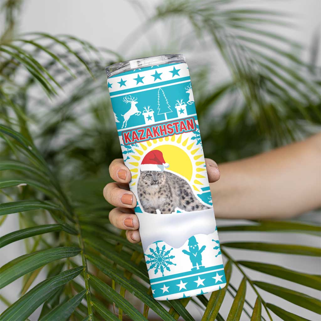 Kazakhstan Christmas Skinny Tumbler with Snow Leopard in Santa Hat Blue and Yellow Reindeer Snowflake - Wonder Print Shop