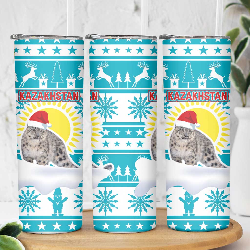 Kazakhstan Christmas Skinny Tumbler with Snow Leopard in Santa Hat Blue and Yellow Reindeer Snowflake - Wonder Print Shop