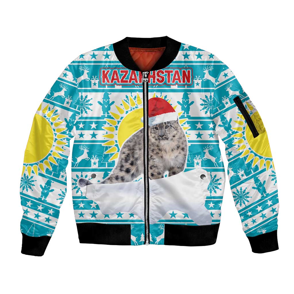 Kazakhstan Christmas Sleeve Zip Bomber Jacket with Snow Leopard in Santa Hat Blue and Yellow Reindeer Snowflake - Wonder Print Shop