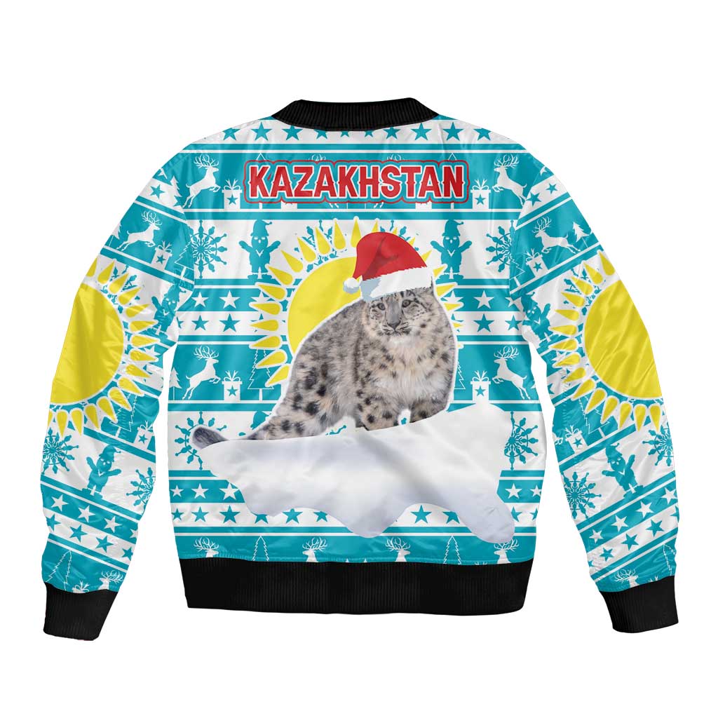 Kazakhstan Christmas Sleeve Zip Bomber Jacket with Snow Leopard in Santa Hat Blue and Yellow Reindeer Snowflake - Wonder Print Shop