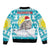 Kazakhstan Christmas Sleeve Zip Bomber Jacket with Snow Leopard in Santa Hat Blue and Yellow Reindeer Snowflake - Wonder Print Shop