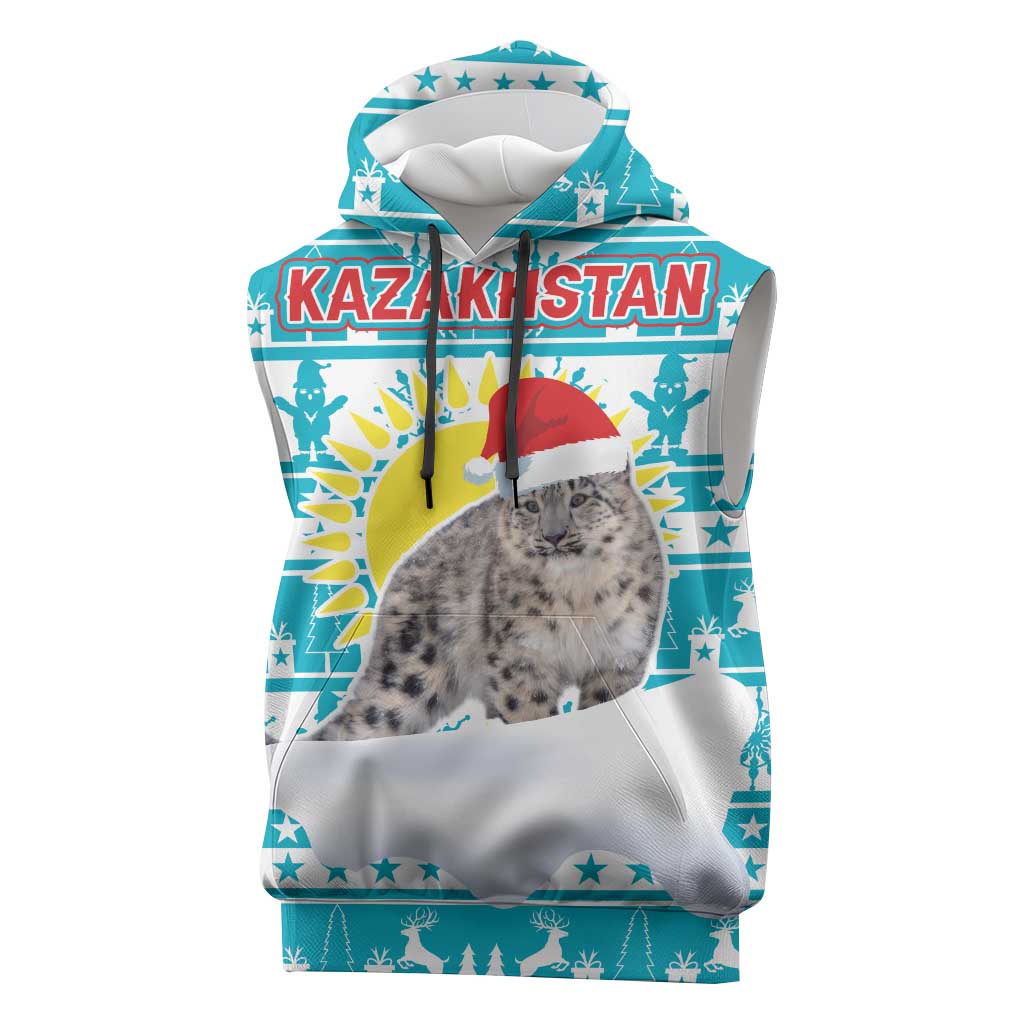 Kazakhstan Christmas Sleeveless Hoodie with Snow Leopard in Santa Hat Blue and Yellow Reindeer Snowflake - Wonder Print Shop