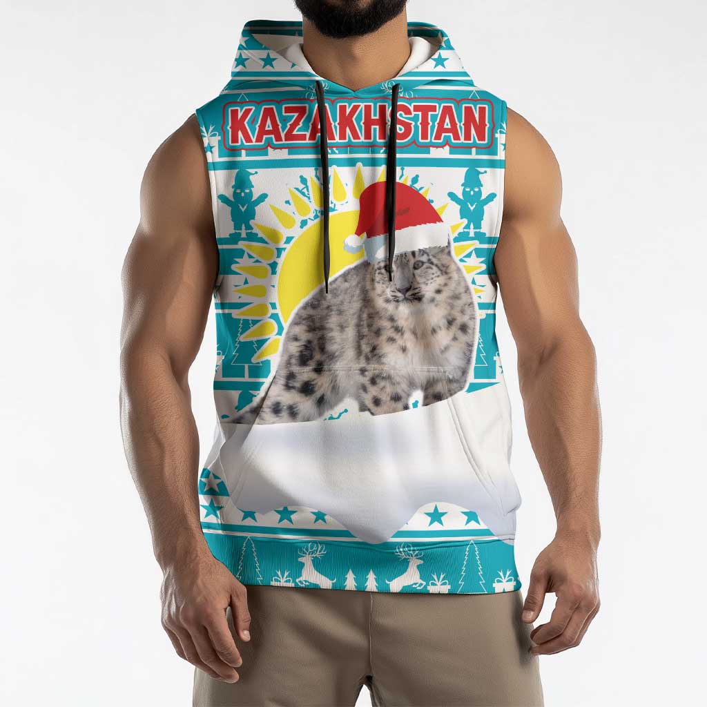 Kazakhstan Christmas Sleeveless Hoodie with Snow Leopard in Santa Hat Blue and Yellow Reindeer Snowflake - Wonder Print Shop
