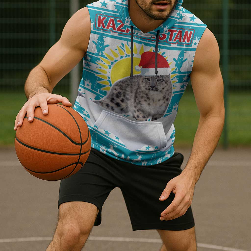 Kazakhstan Christmas Sleeveless Hoodie with Snow Leopard in Santa Hat Blue and Yellow Reindeer Snowflake - Wonder Print Shop
