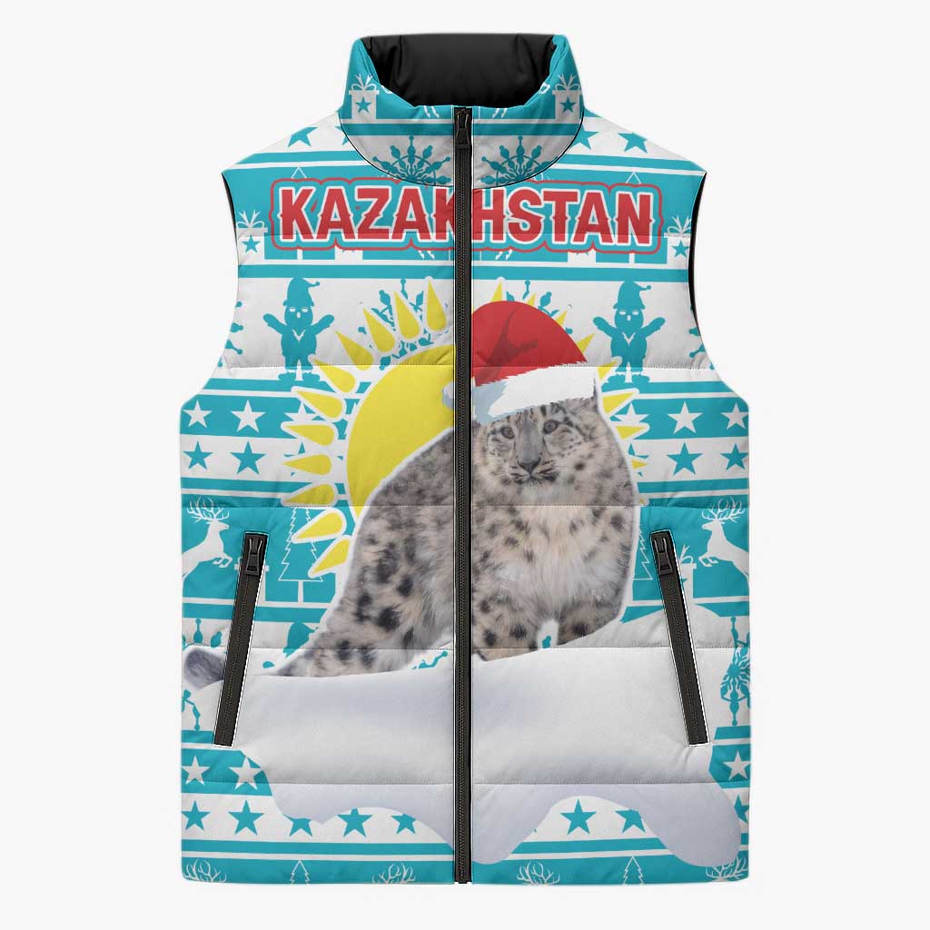 Kazakhstan Christmas Sleeveless Puffer Jacket with Snow Leopard in Santa Hat Blue and Yellow Reindeer Snowflake - Wonder Print Shop
