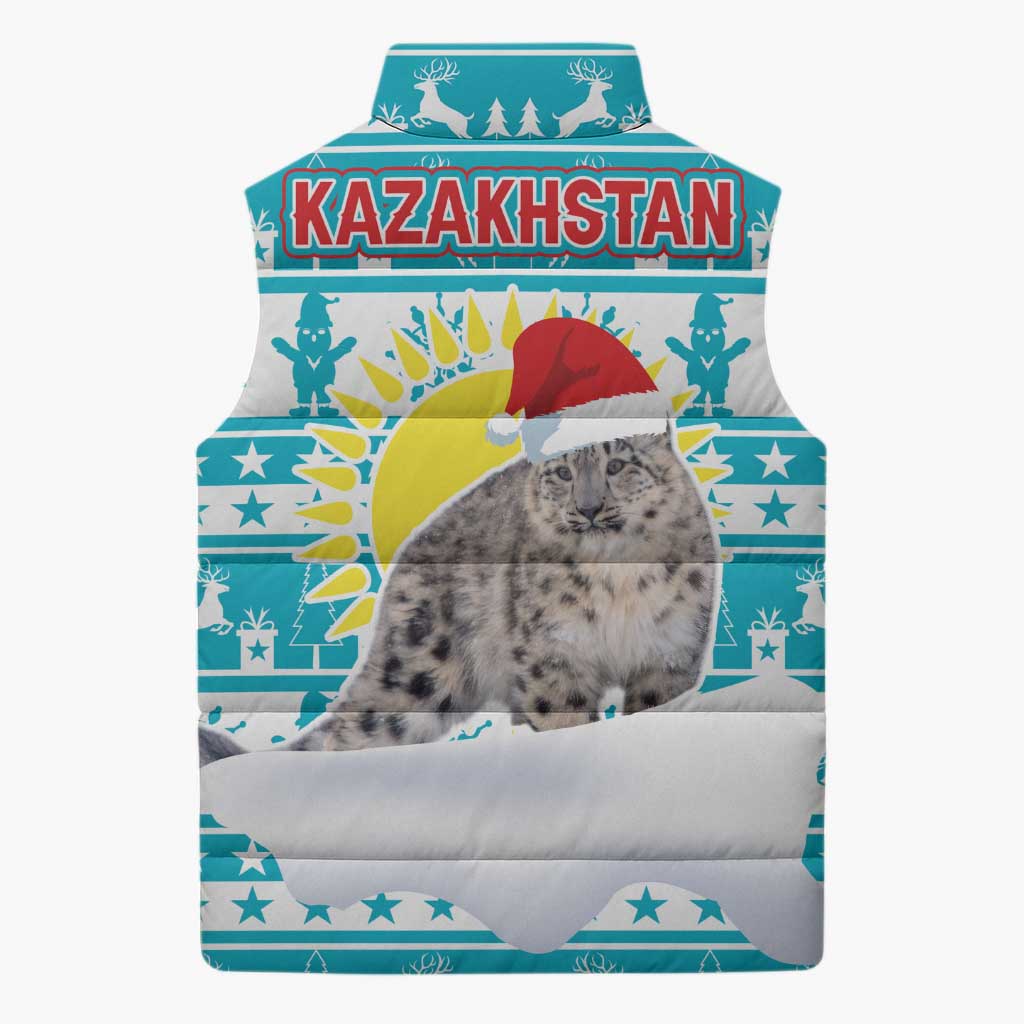 Kazakhstan Christmas Sleeveless Puffer Jacket with Snow Leopard in Santa Hat Blue and Yellow Reindeer Snowflake - Wonder Print Shop