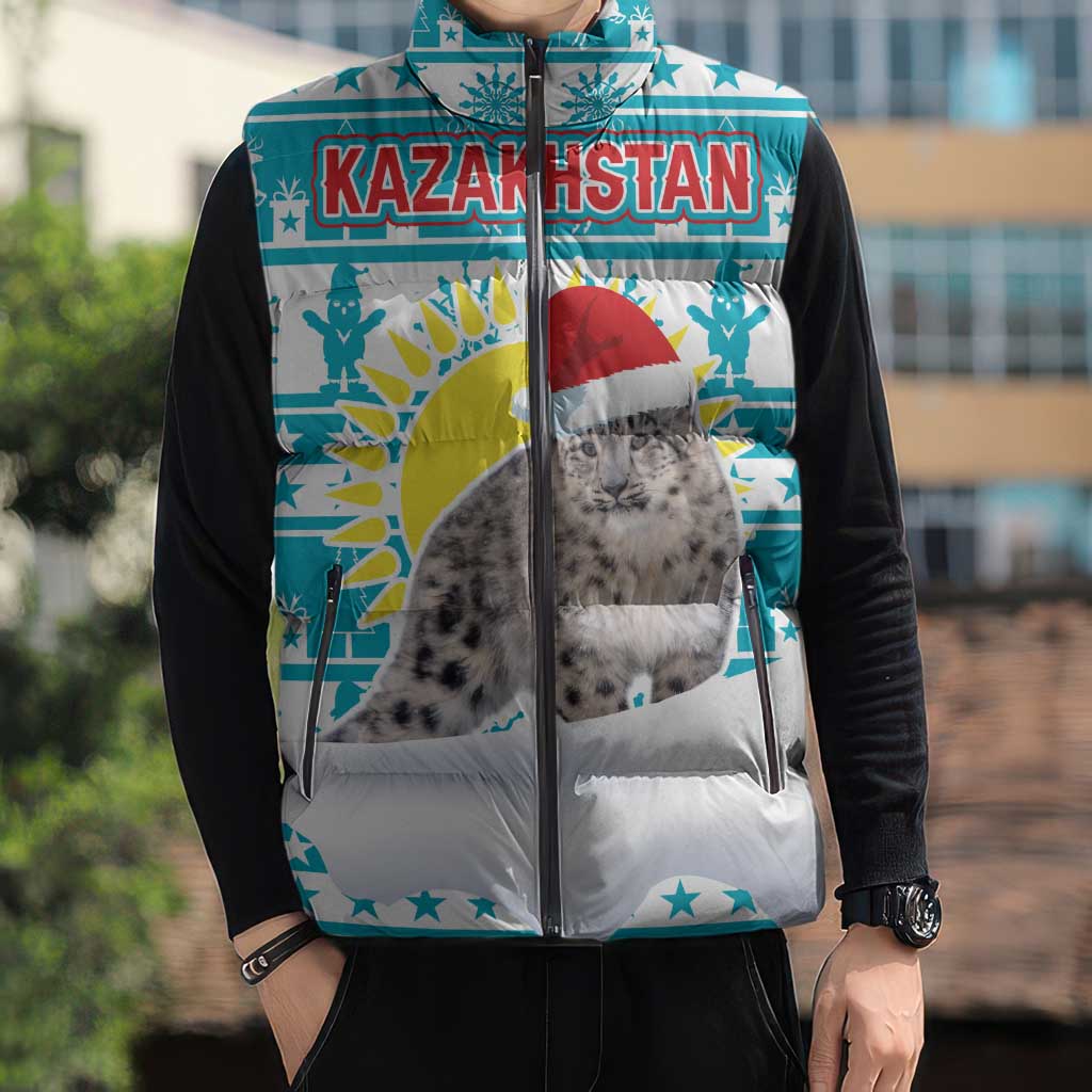 Kazakhstan Christmas Sleeveless Puffer Jacket with Snow Leopard in Santa Hat Blue and Yellow Reindeer Snowflake - Wonder Print Shop