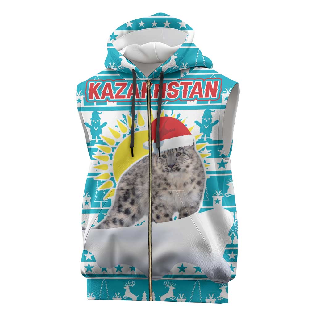Kazakhstan Christmas Sleeveless Zip Hoodie with Snow Leopard in Santa Hat Blue and Yellow Reindeer Snowflake - Wonder Print Shop