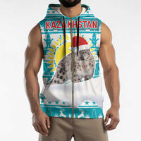 Kazakhstan Christmas Sleeveless Zip Hoodie with Snow Leopard in Santa Hat Blue and Yellow Reindeer Snowflake - Wonder Print Shop
