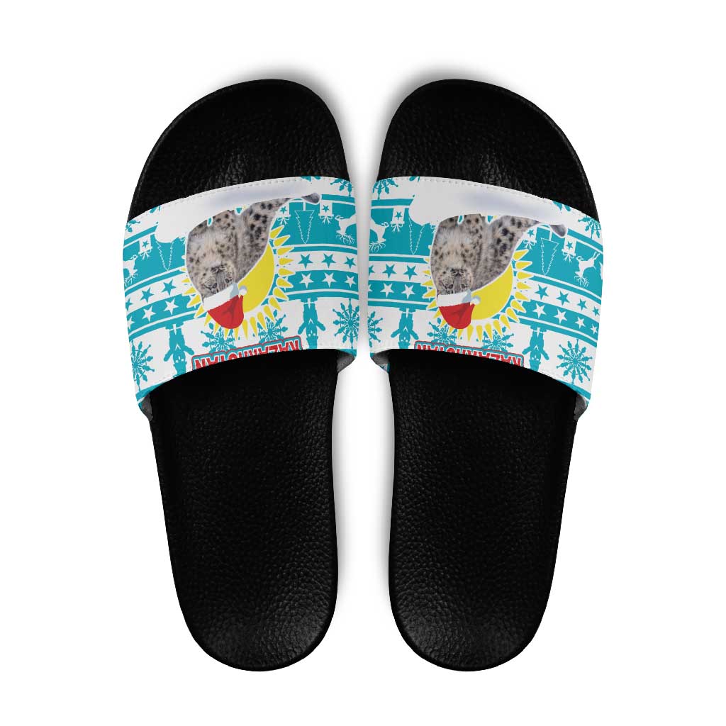 Kazakhstan Christmas Slide Sandals with Snow Leopard in Santa Hat Blue and Yellow Reindeer Snowflake - Wonder Print Shop
