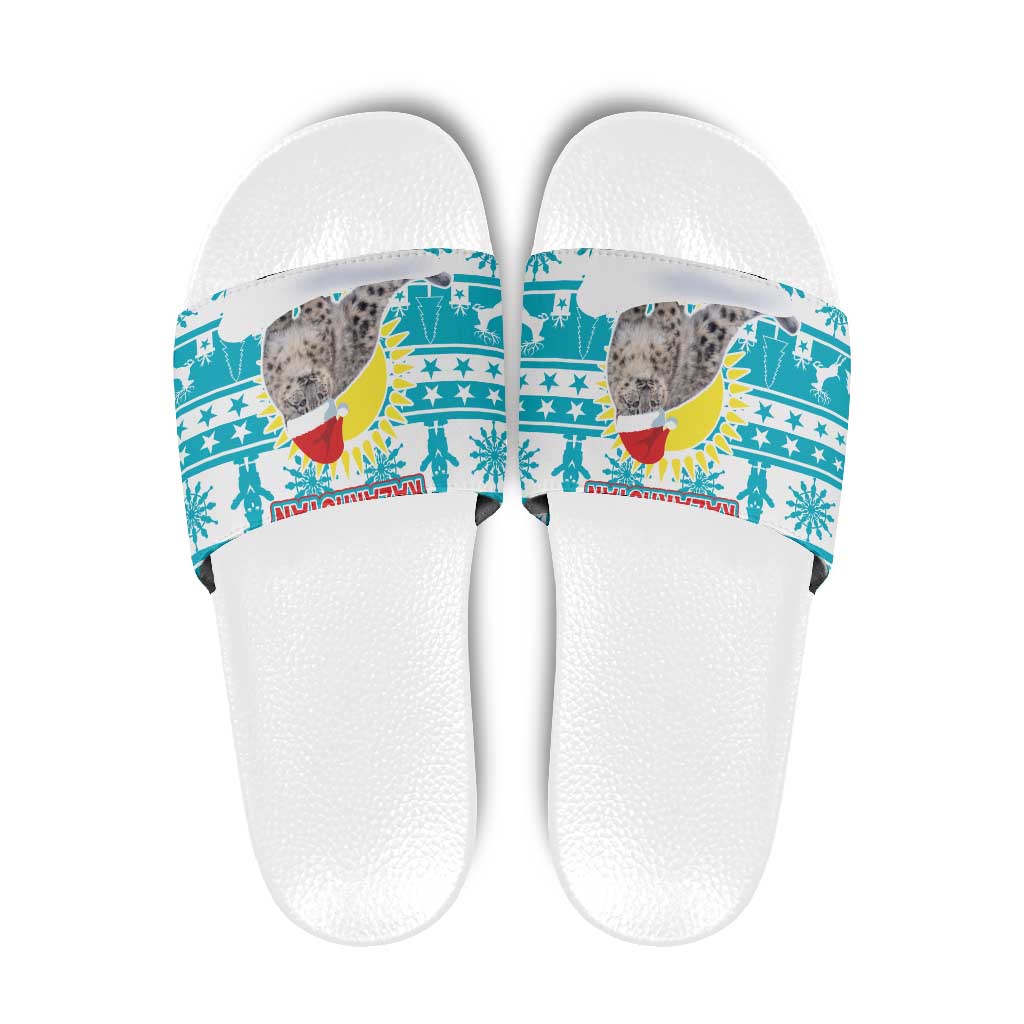 Kazakhstan Christmas Slide Sandals with Snow Leopard in Santa Hat Blue and Yellow Reindeer Snowflake - Wonder Print Shop