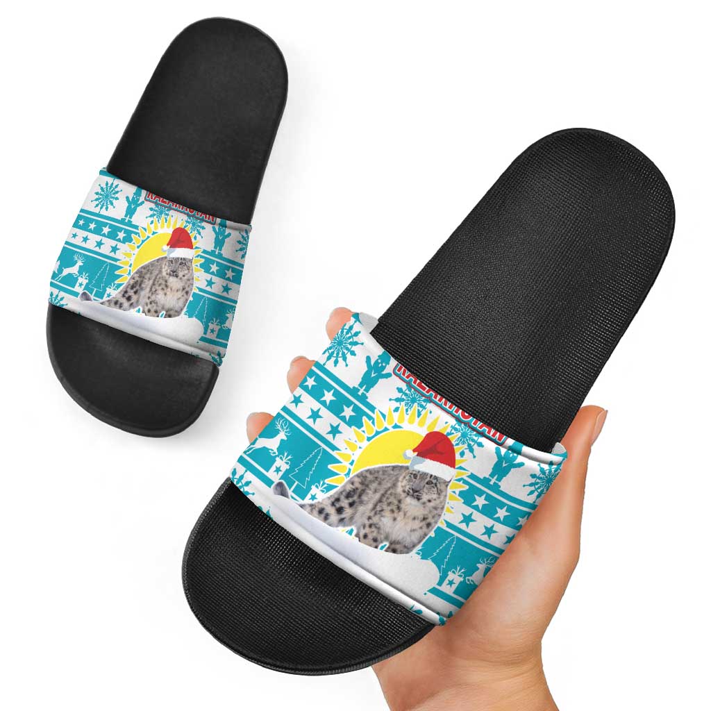 Kazakhstan Christmas Slide Sandals with Snow Leopard in Santa Hat Blue and Yellow Reindeer Snowflake - Wonder Print Shop