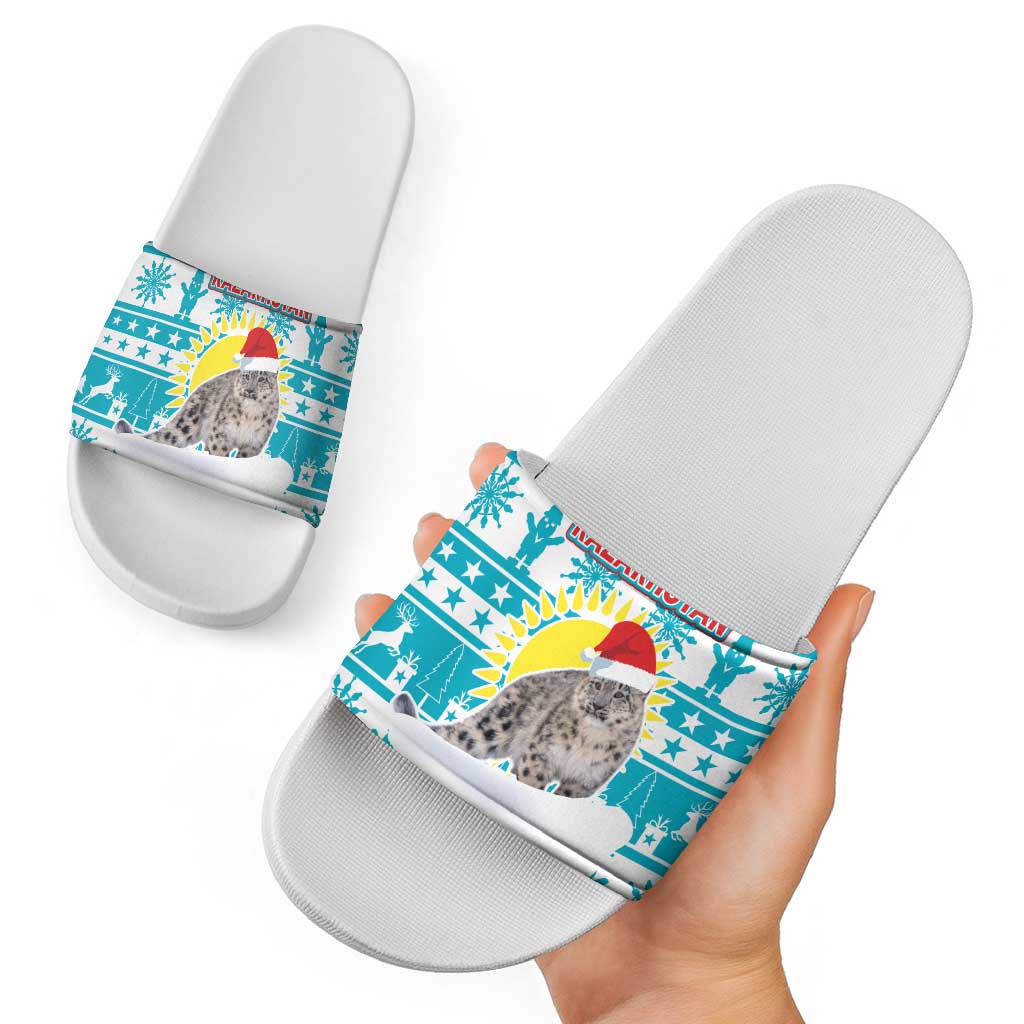 Kazakhstan Christmas Slide Sandals with Snow Leopard in Santa Hat Blue and Yellow Reindeer Snowflake - Wonder Print Shop