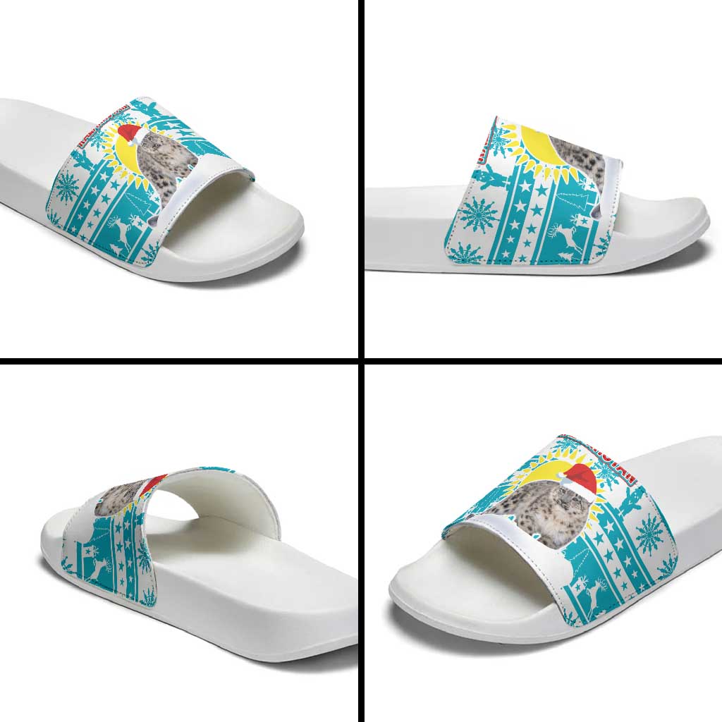 Kazakhstan Christmas Slide Sandals with Snow Leopard in Santa Hat Blue and Yellow Reindeer Snowflake - Wonder Print Shop