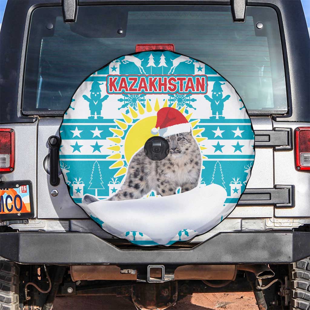 Kazakhstan Christmas Spare Tire Cover with Snow Leopard in Santa Hat Blue and Yellow Reindeer Snowflake - Wonder Print Shop