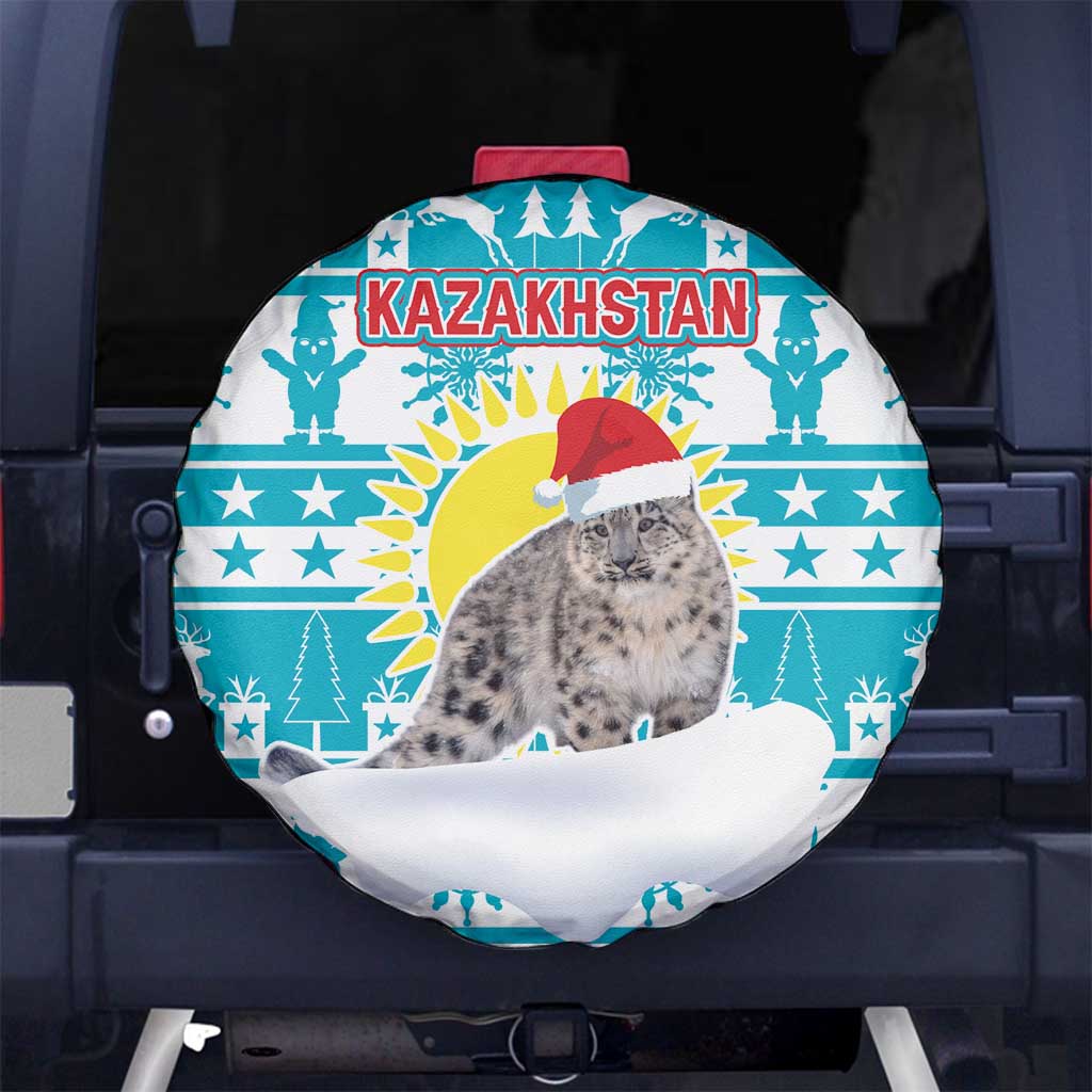 Kazakhstan Christmas Spare Tire Cover with Snow Leopard in Santa Hat Blue and Yellow Reindeer Snowflake - Wonder Print Shop