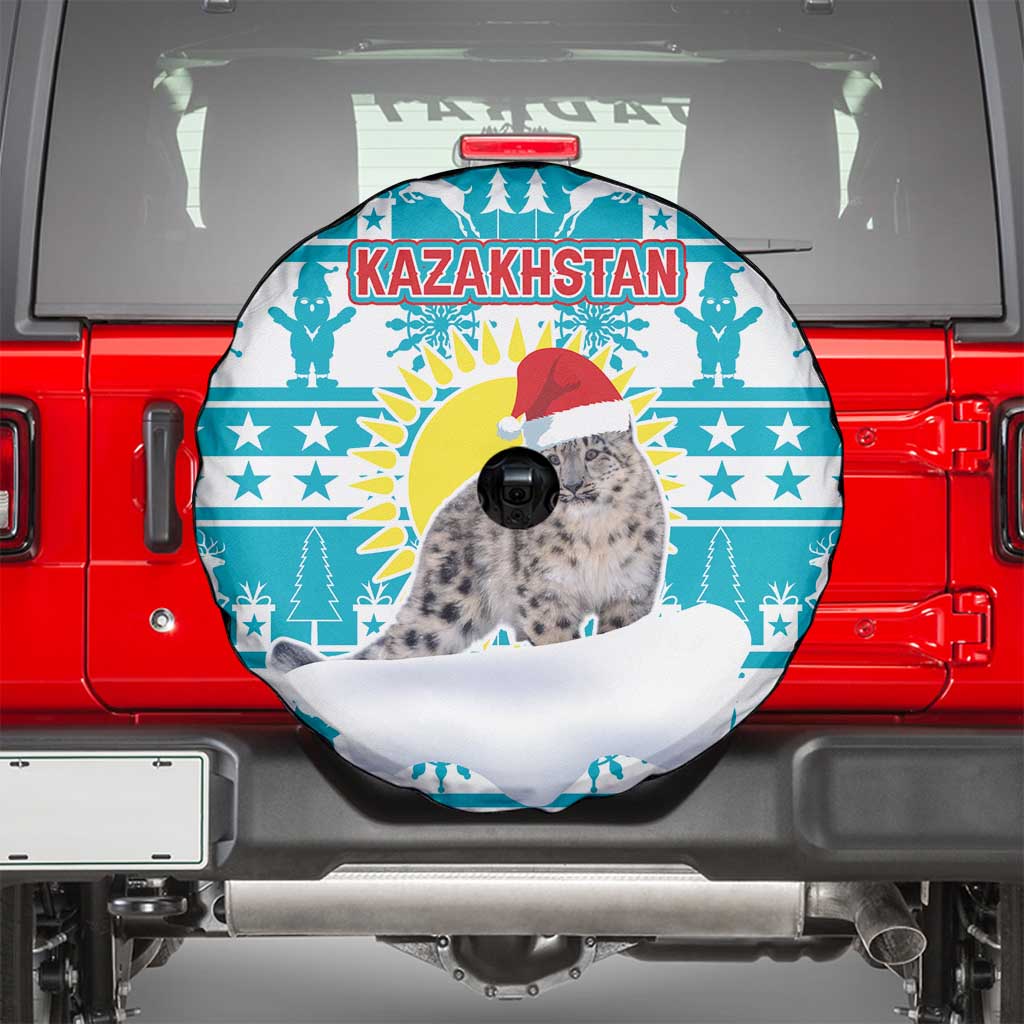 Kazakhstan Christmas Spare Tire Cover with Snow Leopard in Santa Hat Blue and Yellow Reindeer Snowflake - Wonder Print Shop