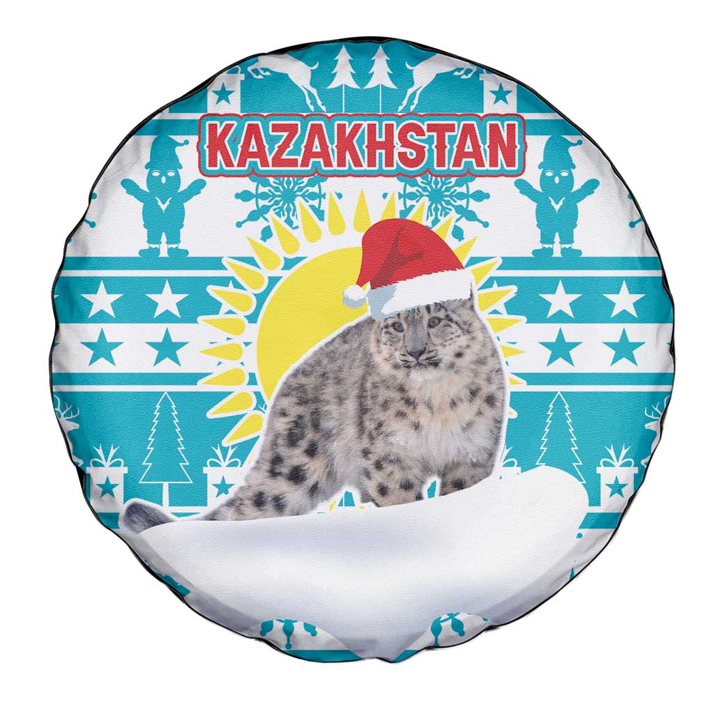 Kazakhstan Christmas Spare Tire Cover with Snow Leopard in Santa Hat Blue and Yellow Reindeer Snowflake - Wonder Print Shop