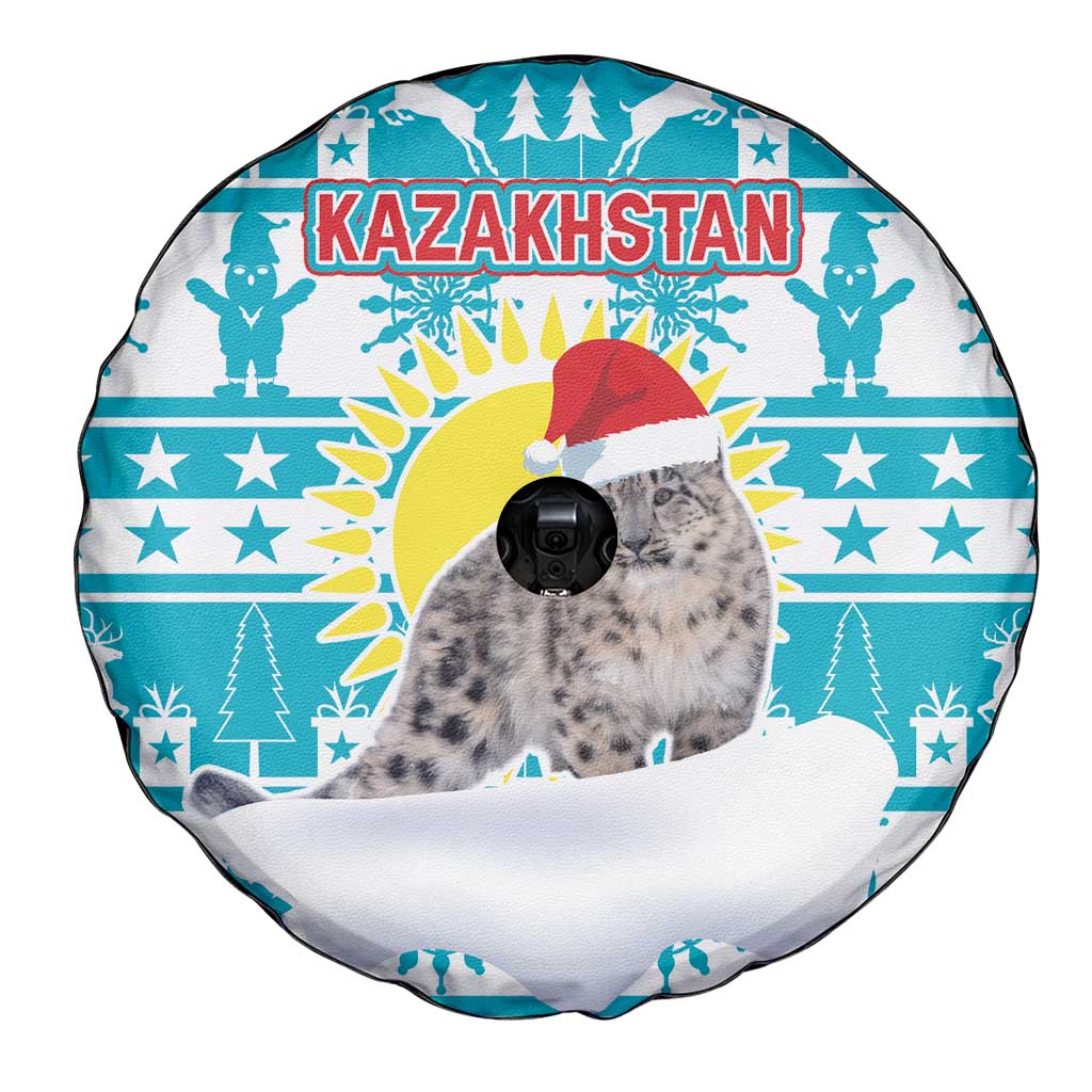 Kazakhstan Christmas Spare Tire Cover with Snow Leopard in Santa Hat Blue and Yellow Reindeer Snowflake - Wonder Print Shop