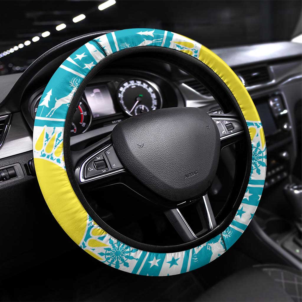 Kazakhstan Christmas Steering Wheel Cover with Snow Leopard in Santa Hat Blue and Yellow Reindeer Snowflake - Wonder Print Shop