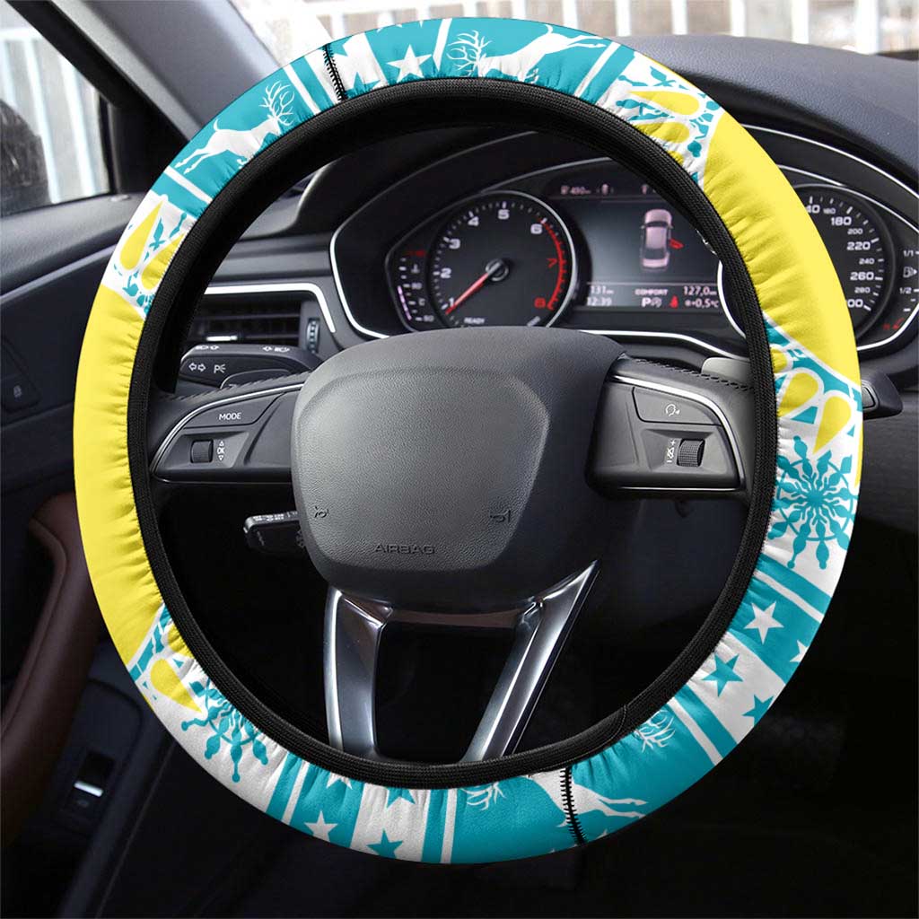 Kazakhstan Christmas Steering Wheel Cover with Snow Leopard in Santa Hat Blue and Yellow Reindeer Snowflake - Wonder Print Shop