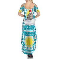 Kazakhstan Christmas Summer Maxi Dress with Snow Leopard in Santa Hat Blue and Yellow Reindeer Snowflake - Wonder Print Shop