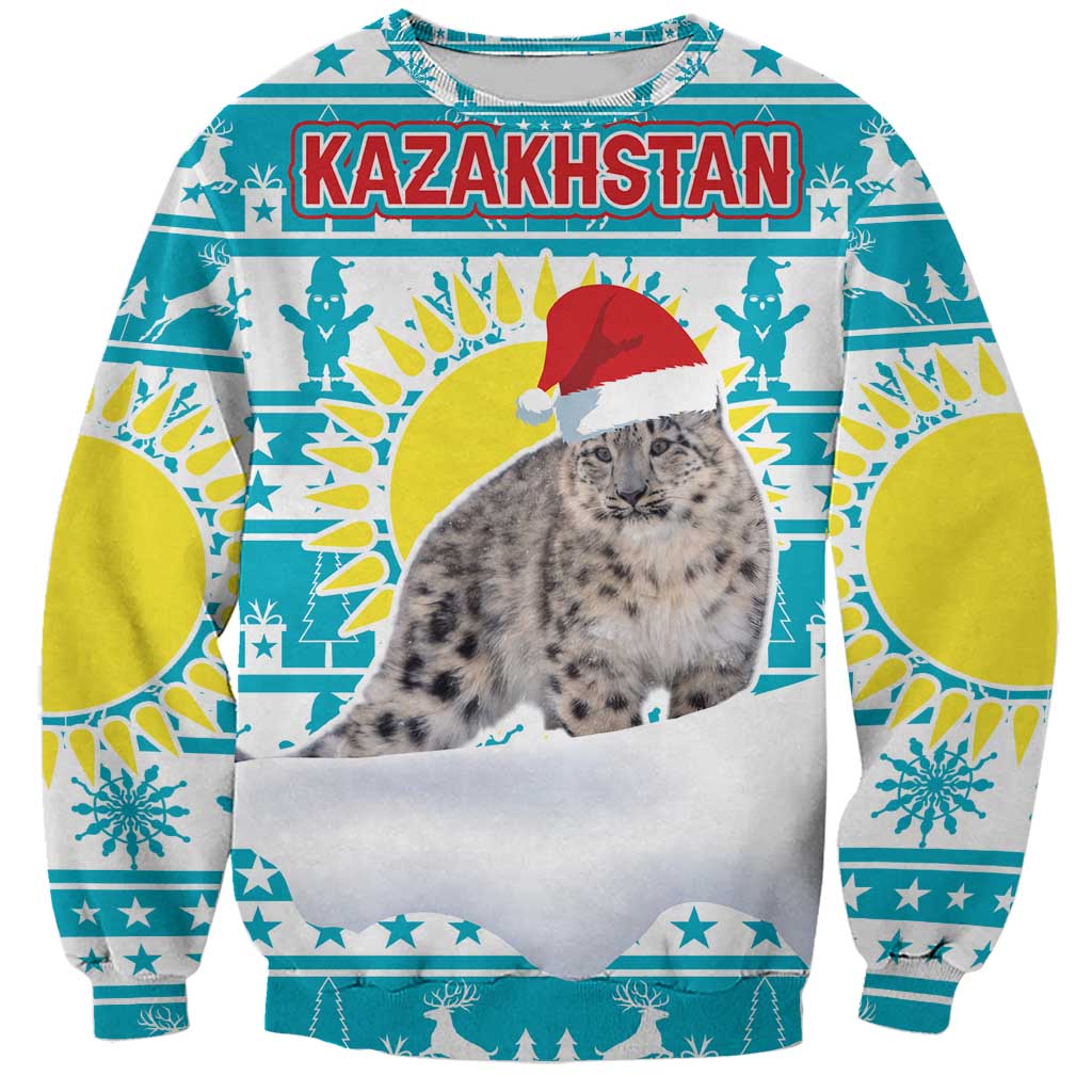 Kazakhstan Christmas Sweatshirt with Snow Leopard in Santa Hat Blue and Yellow Reindeer Snowflake - Wonder Print Shop