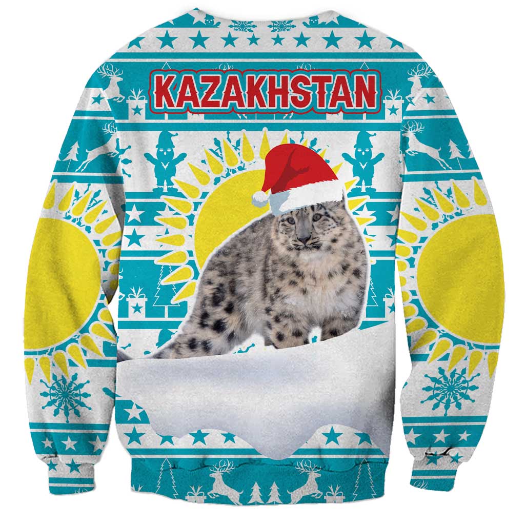 Kazakhstan Christmas Sweatshirt with Snow Leopard in Santa Hat Blue and Yellow Reindeer Snowflake - Wonder Print Shop