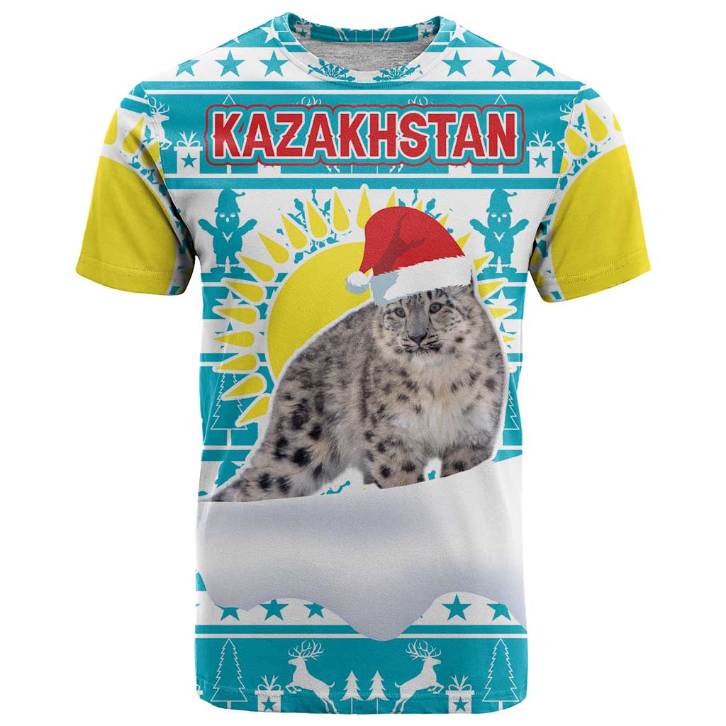 Kazakhstan Christmas T Shirt with Snow Leopard in Santa Hat Blue and Yellow Reindeer Snowflake - Wonder Print Shop