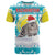 Kazakhstan Christmas T Shirt with Snow Leopard in Santa Hat Blue and Yellow Reindeer Snowflake - Wonder Print Shop