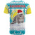 Kazakhstan Christmas T Shirt with Snow Leopard in Santa Hat Blue and Yellow Reindeer Snowflake - Wonder Print Shop