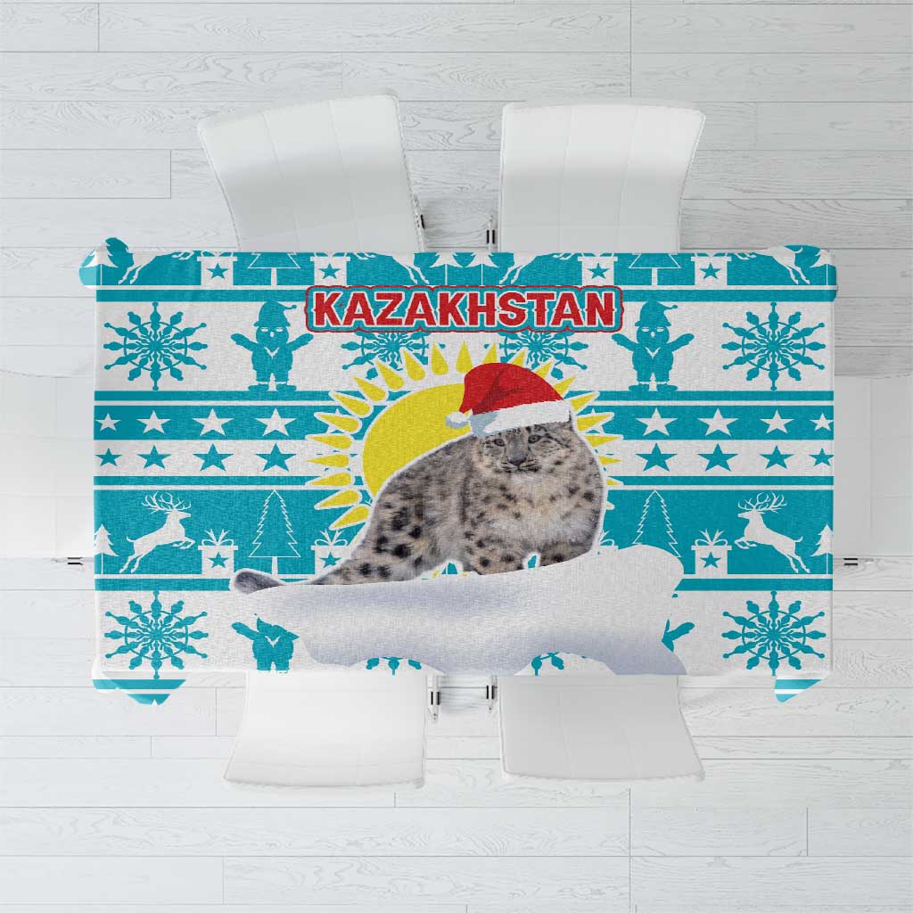 Kazakhstan Christmas Tablecloth with Snow Leopard in Santa Hat Blue and Yellow Reindeer Snowflake - Wonder Print Shop