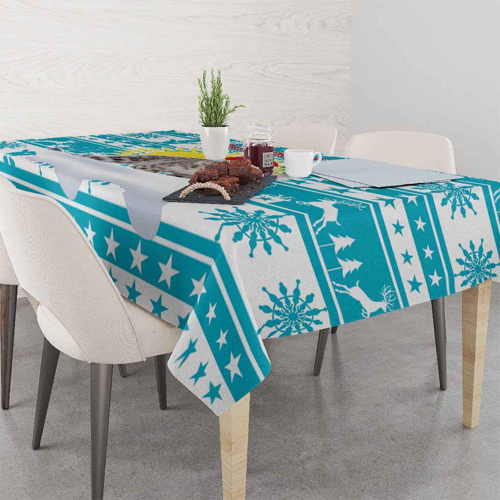 Kazakhstan Christmas Tablecloth with Snow Leopard in Santa Hat Blue and Yellow Reindeer Snowflake - Wonder Print Shop