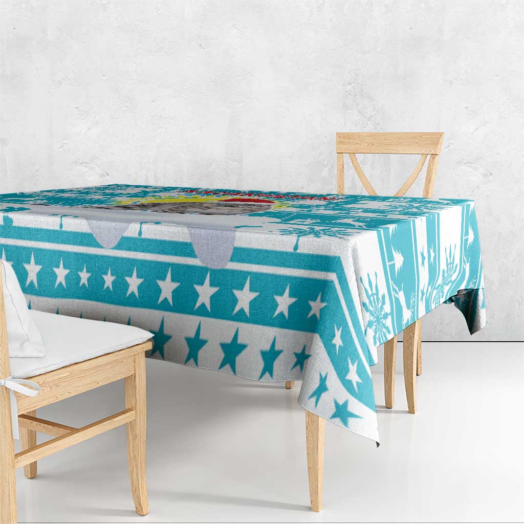 Kazakhstan Christmas Tablecloth with Snow Leopard in Santa Hat Blue and Yellow Reindeer Snowflake - Wonder Print Shop
