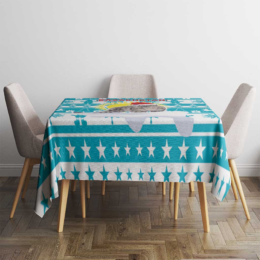Kazakhstan Christmas Tablecloth with Snow Leopard in Santa Hat Blue and Yellow Reindeer Snowflake - Wonder Print Shop