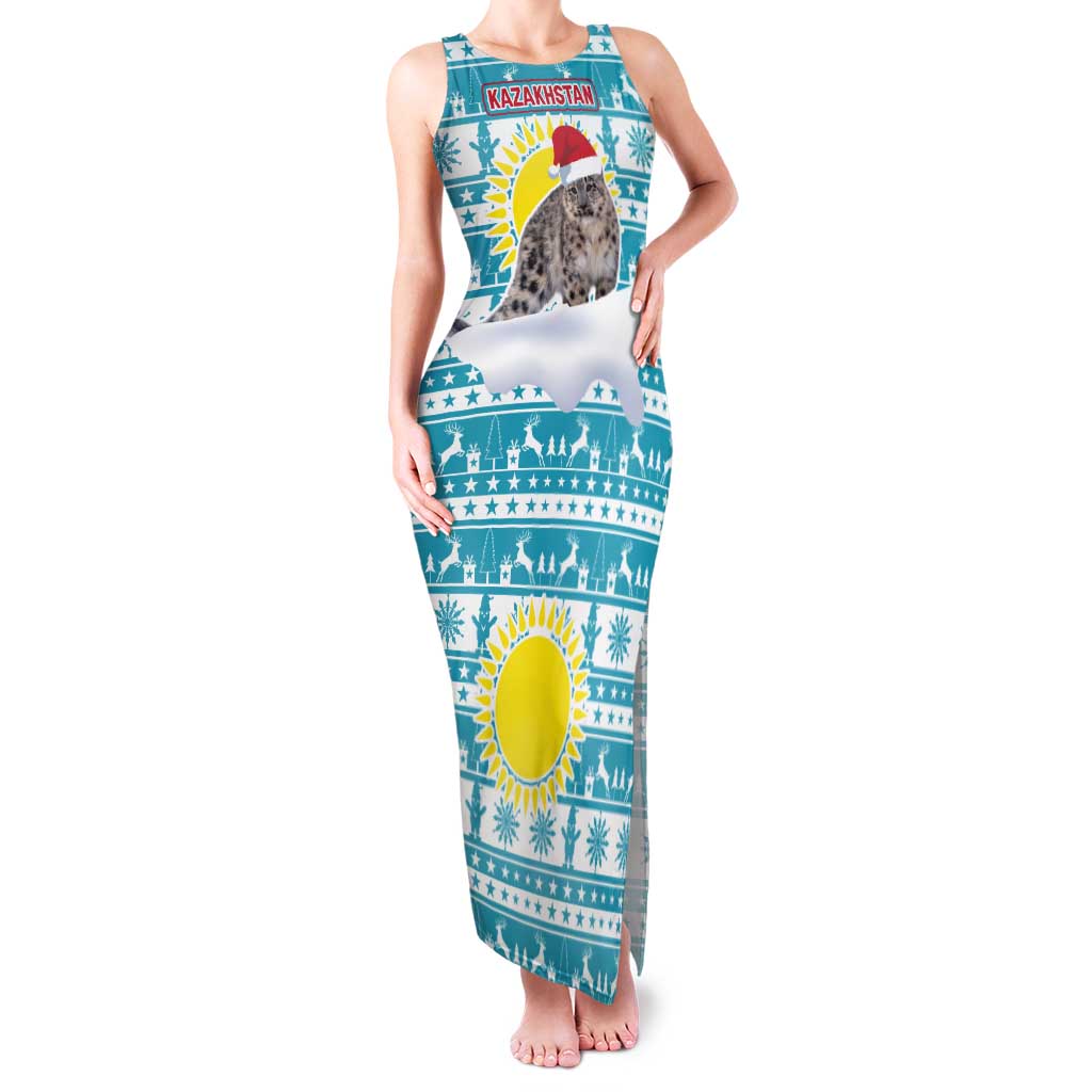 Kazakhstan Christmas Tank Maxi Dress with Snow Leopard in Santa Hat Blue and Yellow Reindeer Snowflake - Wonder Print Shop